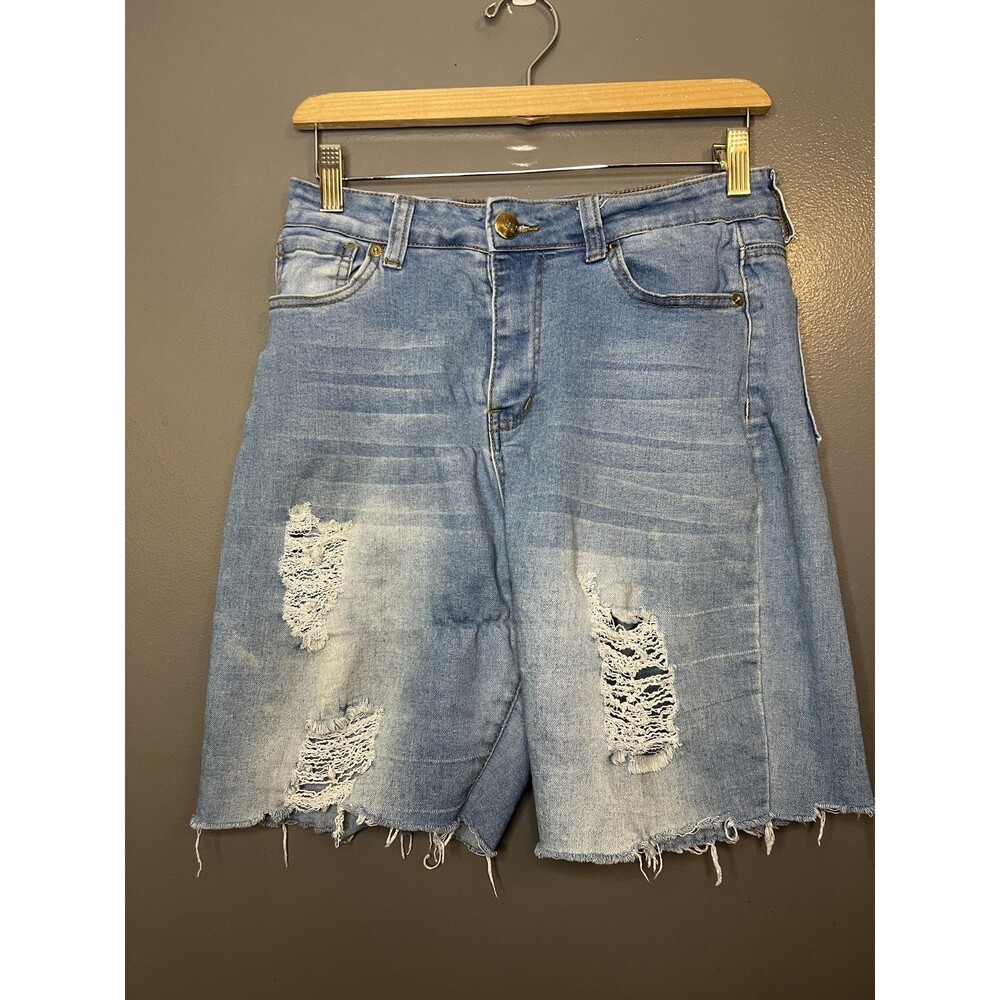 AQ Jeans Shorts Womens 13 Blue Distressed Denim Cutoff Raw Hem Ripped